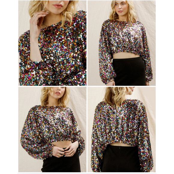 NWT En Creme Multi Color Rainbow Rubina Confetti Sequin Cropped Top - Picture 1 of 14